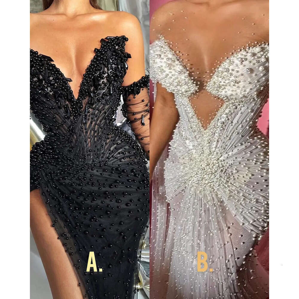V Neck Massive Sleeveless Mermaid Dresses Gorgeous Prom Pearls On Tulle Side Split Pleats Court Gown Custom Made Plus Size Party Dress Vestido De Noit