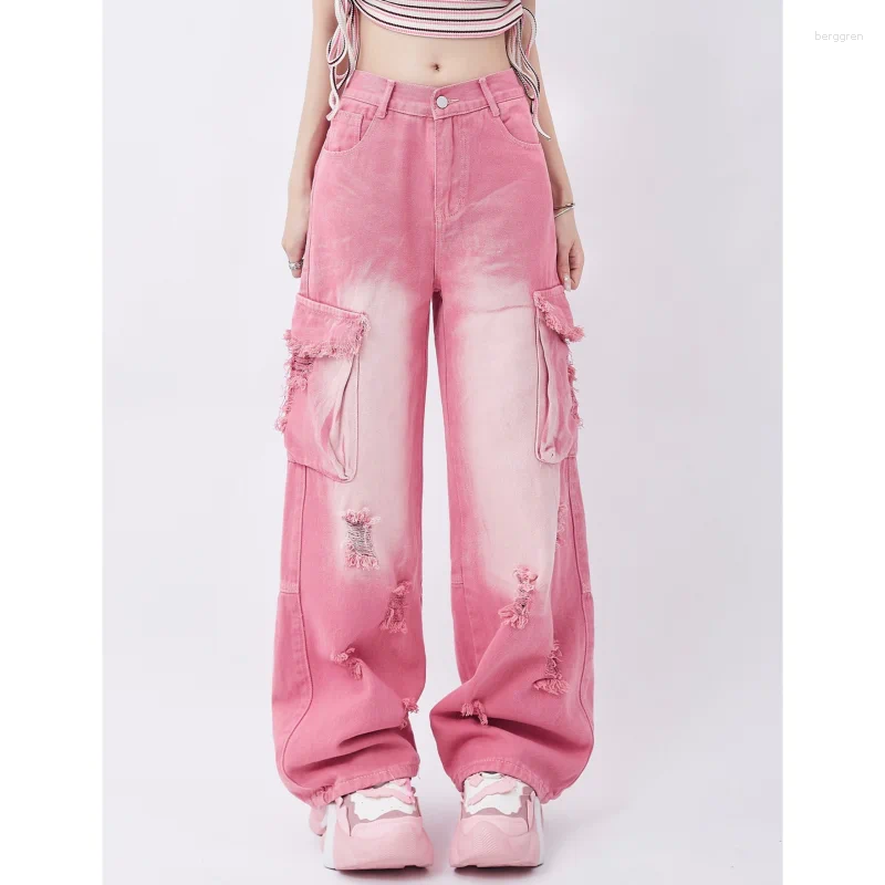 Women's Pink Jeans: High-Waist, Wide-Leg, Streetwear Fashion Pants