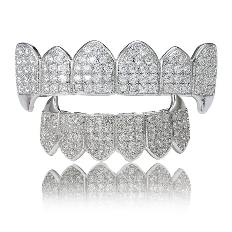 Hiphop Iced Zircon Tooth for Women Men Body Piercing Jewelry Gold Cubic Zirconia Teeth Grills Bottom Top Cap Set 240504