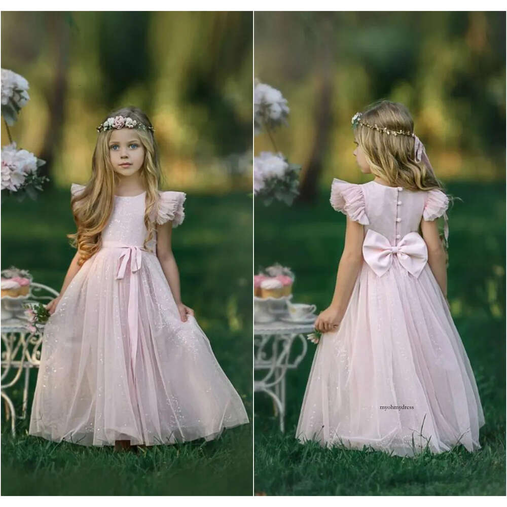 Sweet 2020 Flower Dresses Princess Baby Pink Back Bow Wear For Wedding Floor Length Short Bubble Sleeve Girls Party Dress 0508