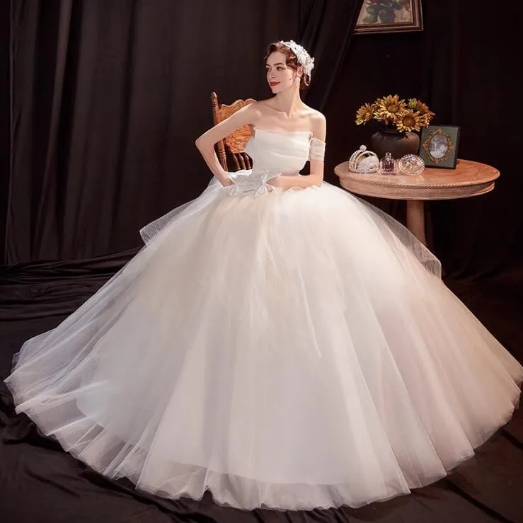 Strapless Tulle Ball Gown Wedding Dresses Beach Floor-length Bride Gown