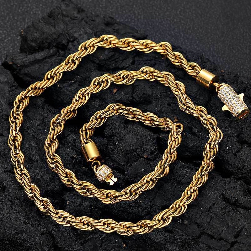 6mm 16-24inch NEW Trendy Men Rope Chain Necklace Bracelet 18K Gold Plated Stainless Steel Twisted Link Chains Necklace Fashion Rock Rapper Jewelry