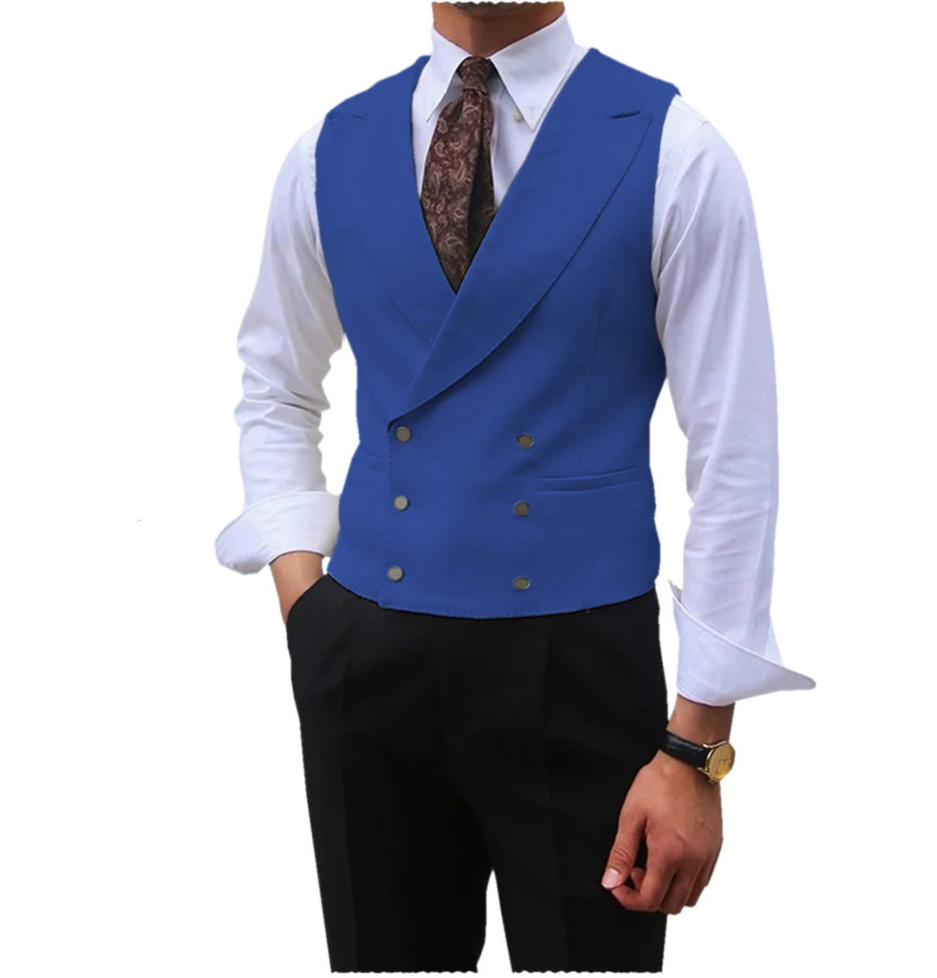 Men Vest Brown Solid Peaked Lapel Double Breasted Sleeveless Jacket Wedding Banquet Business Casual Slim Waistcoat 240507
