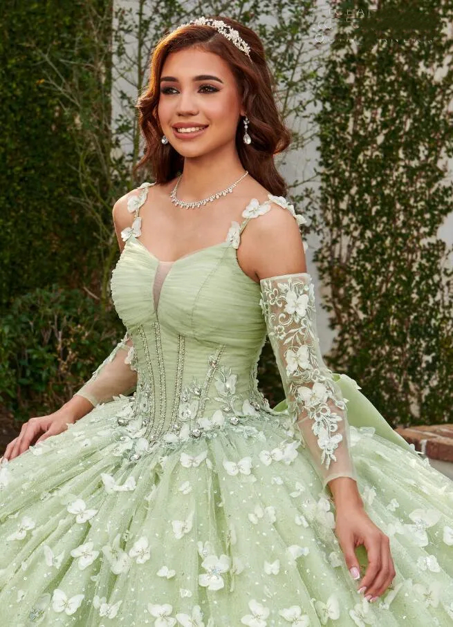 Sage Butterfly Princess Quinceanera Dresses With Bow Back Detachable Long Sleeves Straps Luxury Lace Prom Graduation Party Dress 2024 Floral Lace Vest