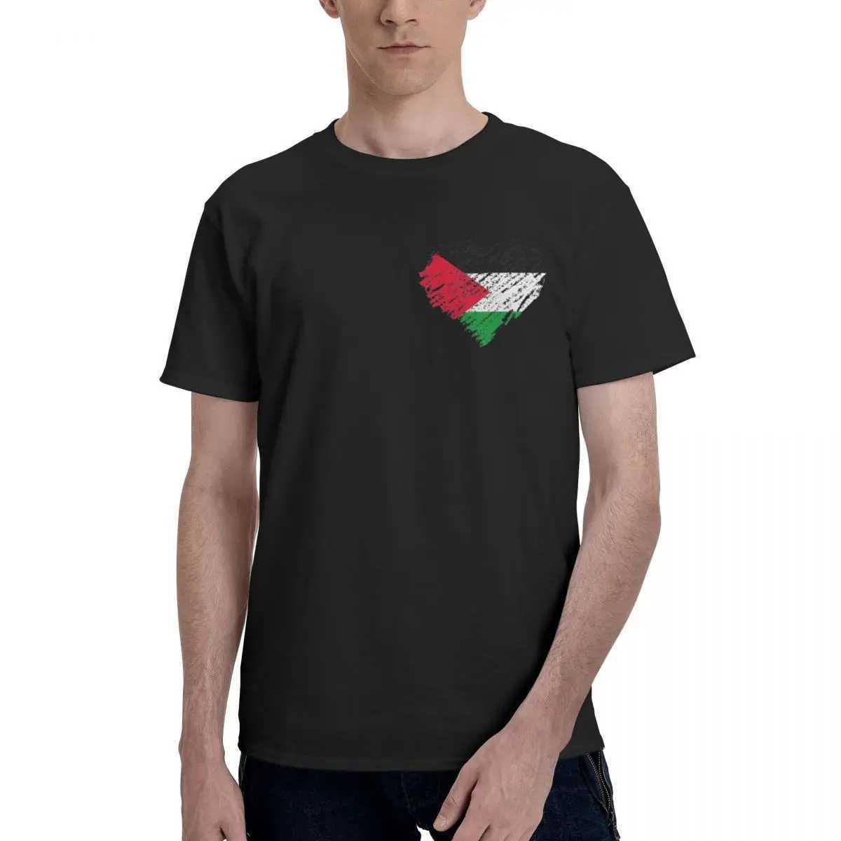 Men's T-Shirts Mens T-shirt Palestine Heart Spliced Vintage Cotton Ts Short Sve T-shirt Crew Neckline Top Gift T240508