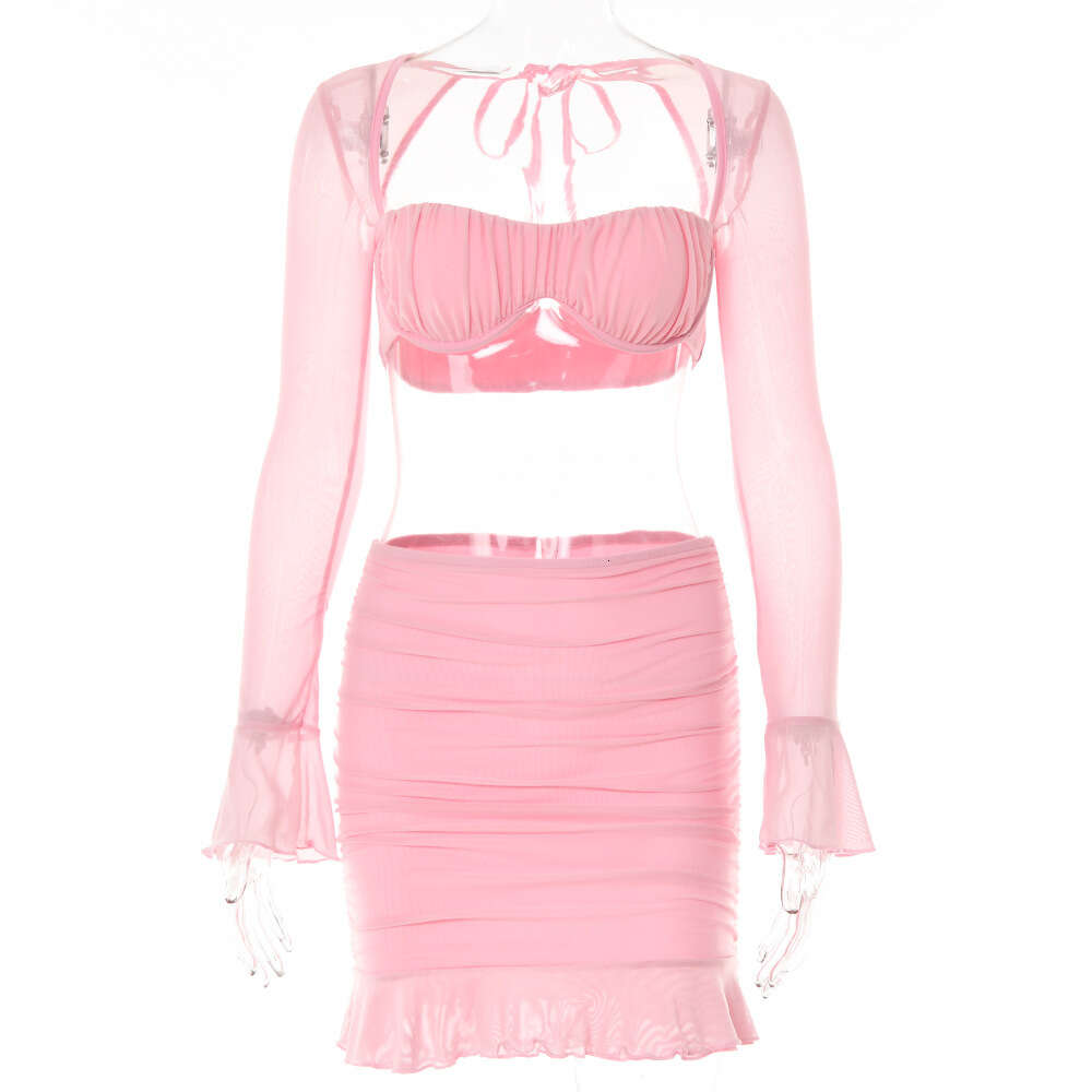 Sexy strapless two-piece for women's autumn new fashionable perspective mesh tie long sleeved short skirt set F5949