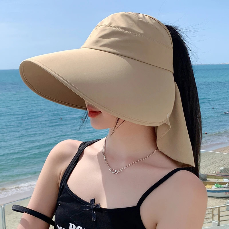 Womens summer hat for wide Brim UV neck protection solar beach bucket hat foldable ponytail travel Panama womens hat 240429