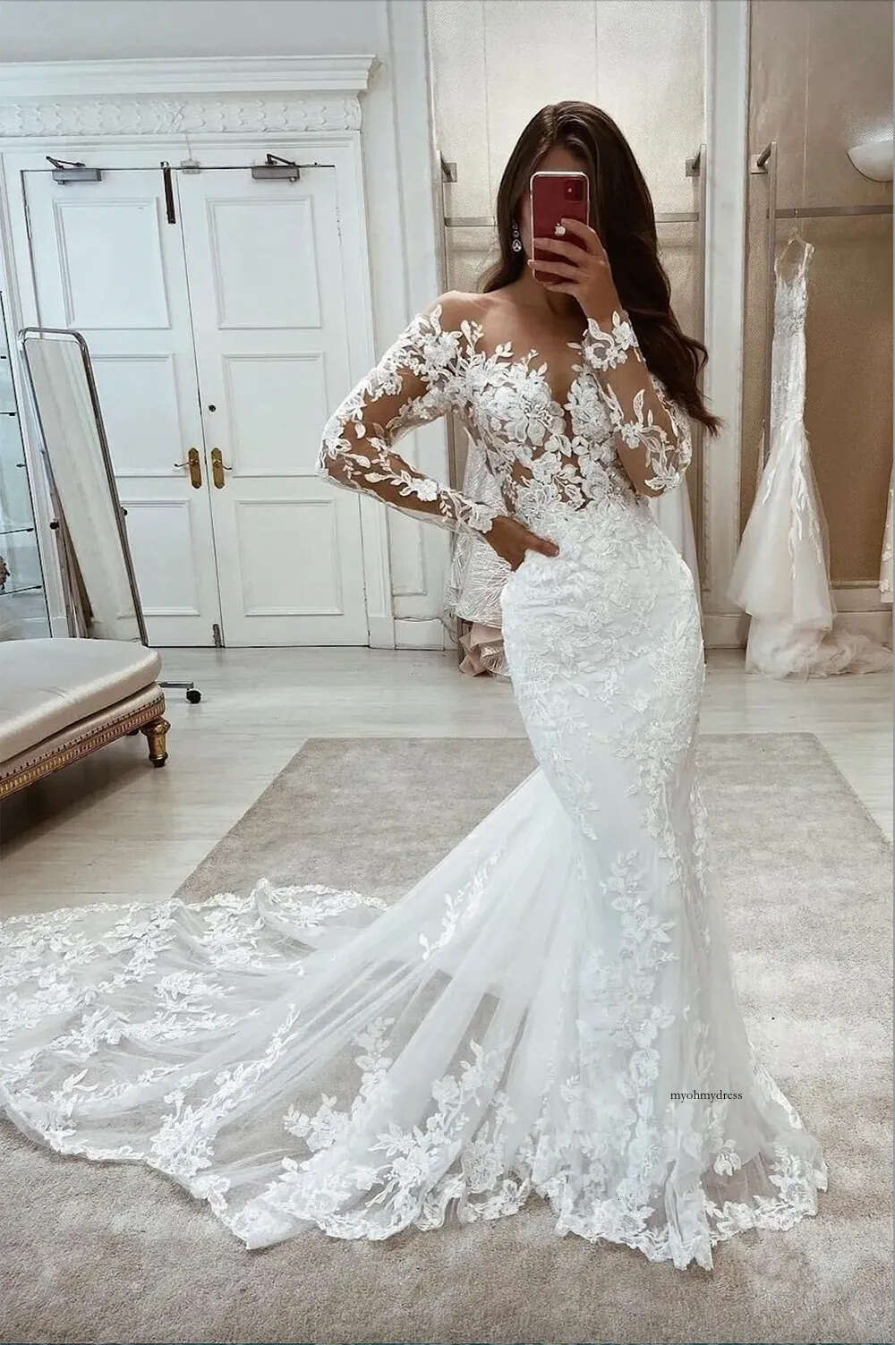 Romantic Full Lace Mermaid Wedding Dresses Sheer Sleeve Appliques Jewel Neck Long Bridal Gowns Garden Boho Robe de mariage 0509