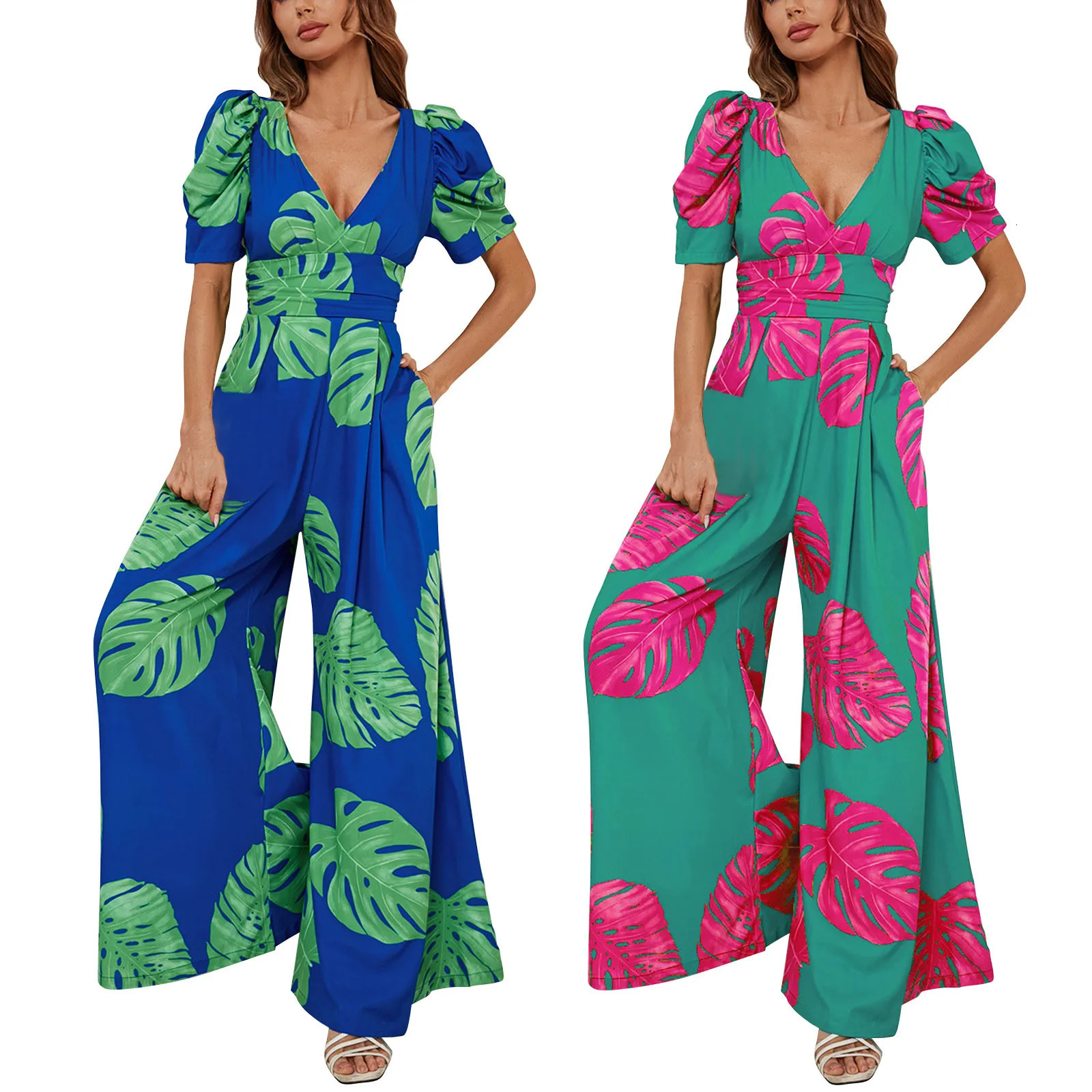 Casual Short Sleeve Jumpsuits Women Elegant Printed Wide Leg Pants Commuting Summer Holiday VNeck Long Rompers 240423