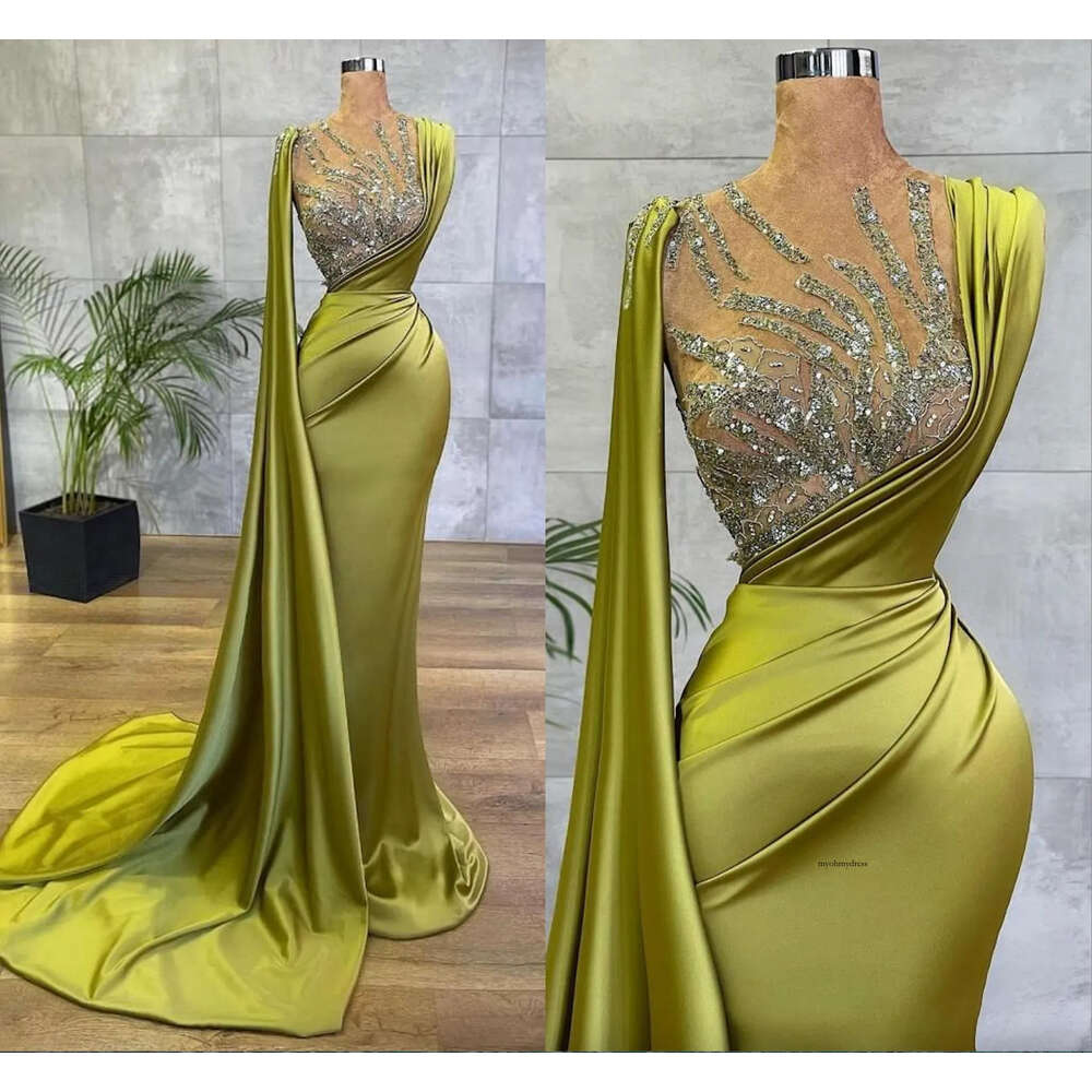 Arabic Lemon Green Satin Mermaid Evening Prom Dresses Mesh Top Sequin Beads Ruched Formal Ocn Wear Gold Hunter Sheer Neck Sweep Train Robe de soriee 0