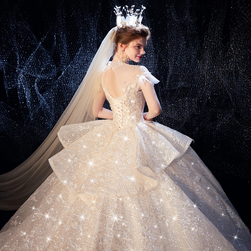 Princess Ball Gown Wedding Dresses Sleeveless High Collar 3D Lace Sequins Appliques Sweep Train Lace-up Bridal Gowns Celebrity Dresses Plus Size Custo