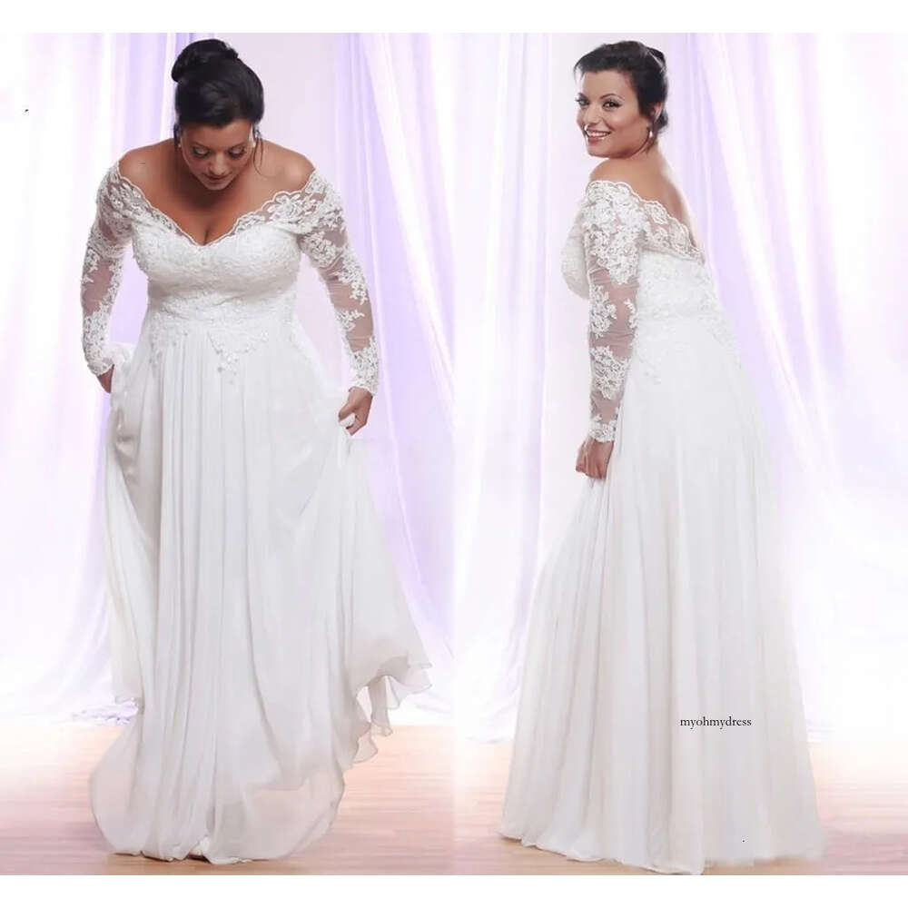Long Sleeves Plus Size Dresses With Deep V-neck Applique Beach country Wedding Off The Shoulder Bridal Gowns Vestido De Novia Gown 0509