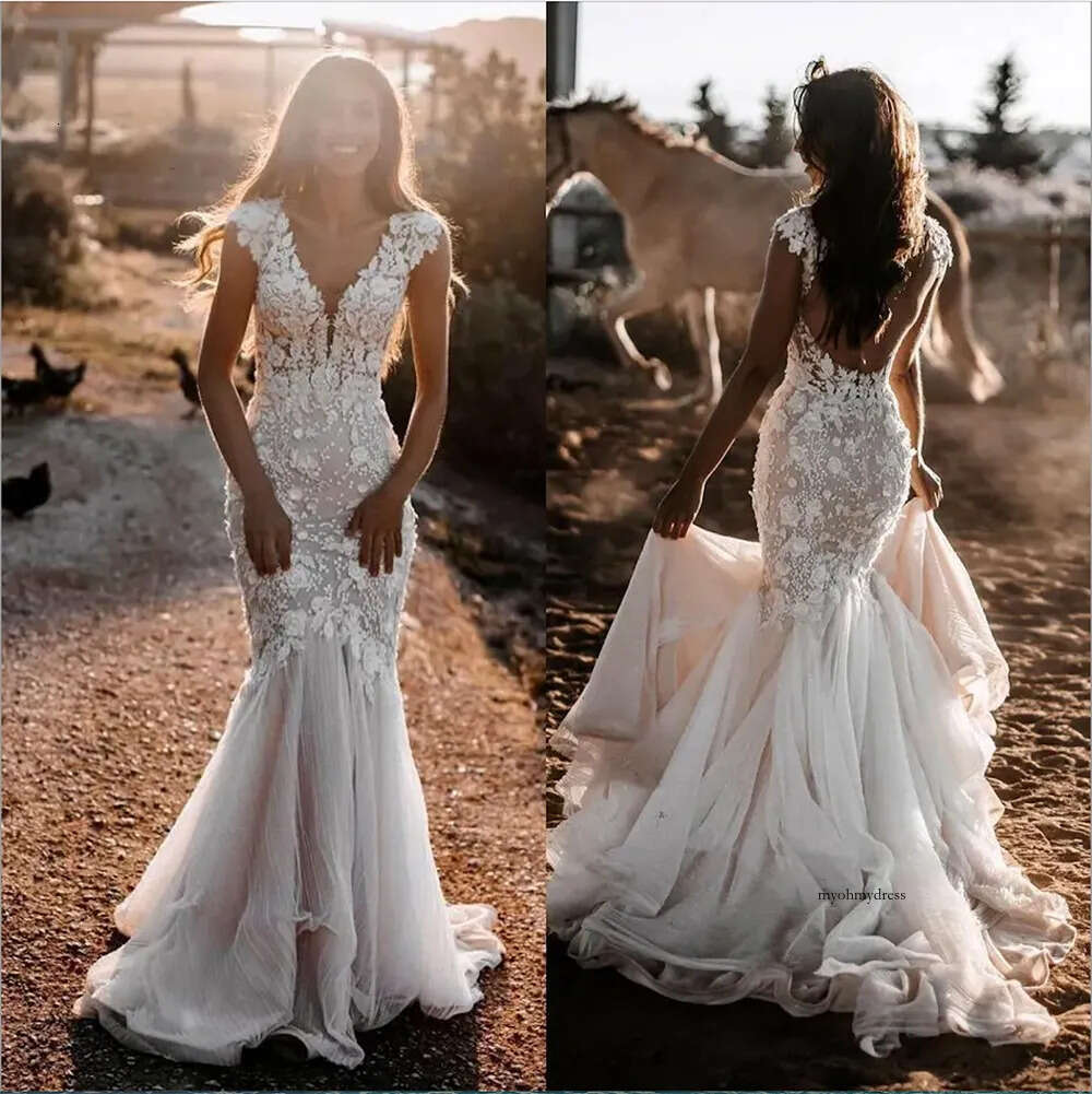 Beach boho Mermaid Wedding Dresses 2023 Lace Deep V-Neck Neckline Cap Sleeves Chapel Train Plus Size Bride Gown Vestidos De Novia 0509
