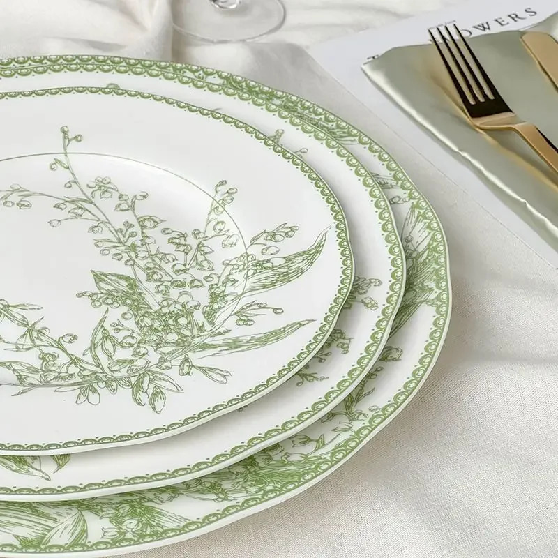 Dishes Plates European Style Jade Green Lily of The Valley Series High-end Exquisite Bone China Western Dining Plate Dessert Plate Tableware 240508 H2