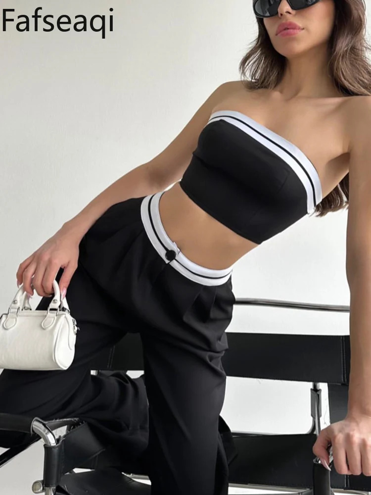 Sexy Womens Tracksuit with Boob Tube Top Slash Neck Contrast Color Wide Leg Trousers Sports Suit for Women Two Piece Set Outfit 240423