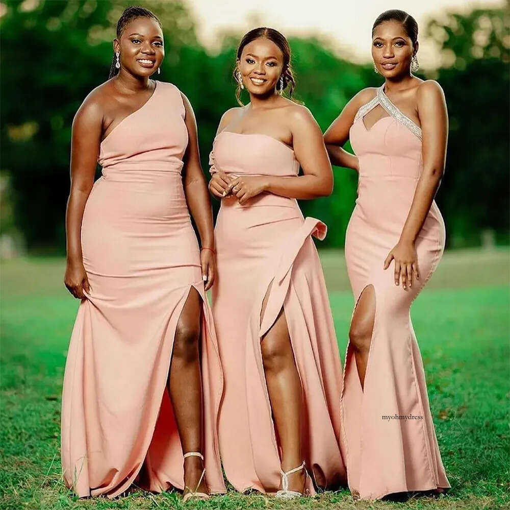 Nuke Pink Junior Dresses Mermaid Elastic Satin Long Bridesmaid Dress For Arabic Black Women Guest's Wear in Wedding 0509