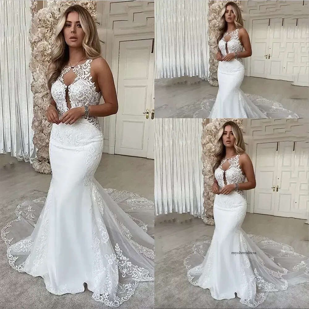 2023 Boho Mermaid Wedding Dresses Bridal Gown Sleeveless Lace Applique Sexy Backless Custom Made Plus Size Covered Buttons Chapel Train vestidos de no