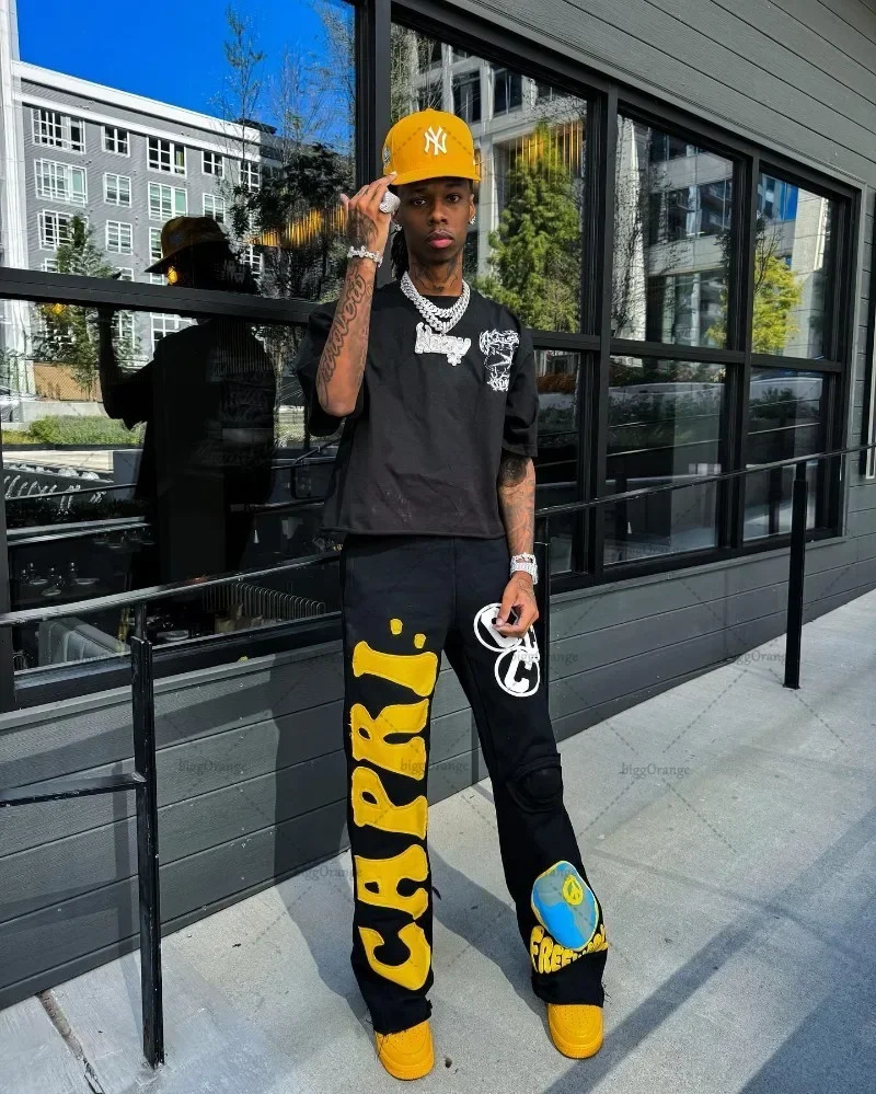 European and American Embroidered Oversized Trousers Men Y2k Trendy Hip-hop Knitted Pants Loose Casual Wide-leg Pants Women 240429