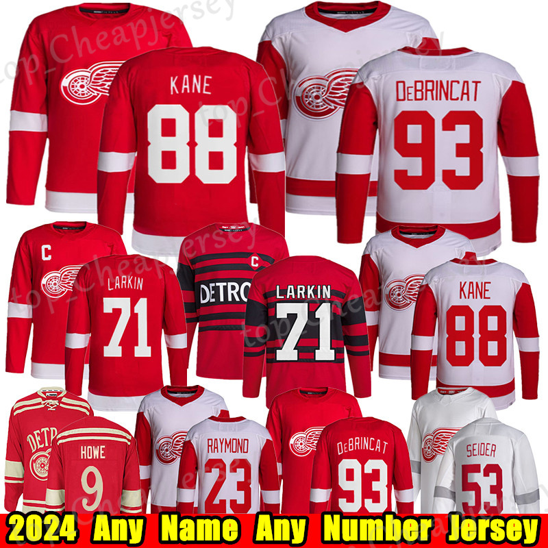 #88 Patrick Kane Detroit hockey jersey #71 Dylan Larkin Alex DeBrincat Moritz Seider Gordie Howe Pavel Datsyuk Steve Yzerman Lucas Raymond Red Wings jerseys