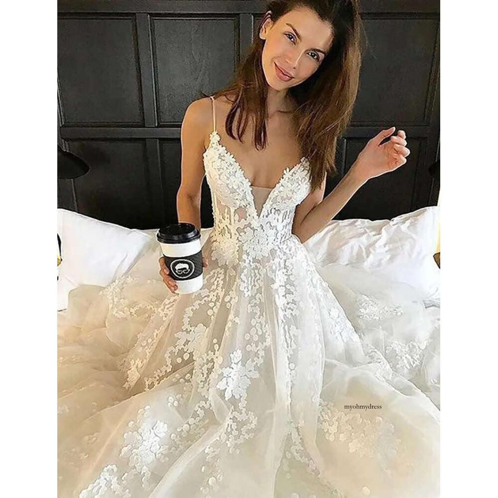 Lace Boho Dresses 2021 Spaghetti Straps V-neck Wedding Gowns Beach Bride Dress Vestido De Noiva 0509