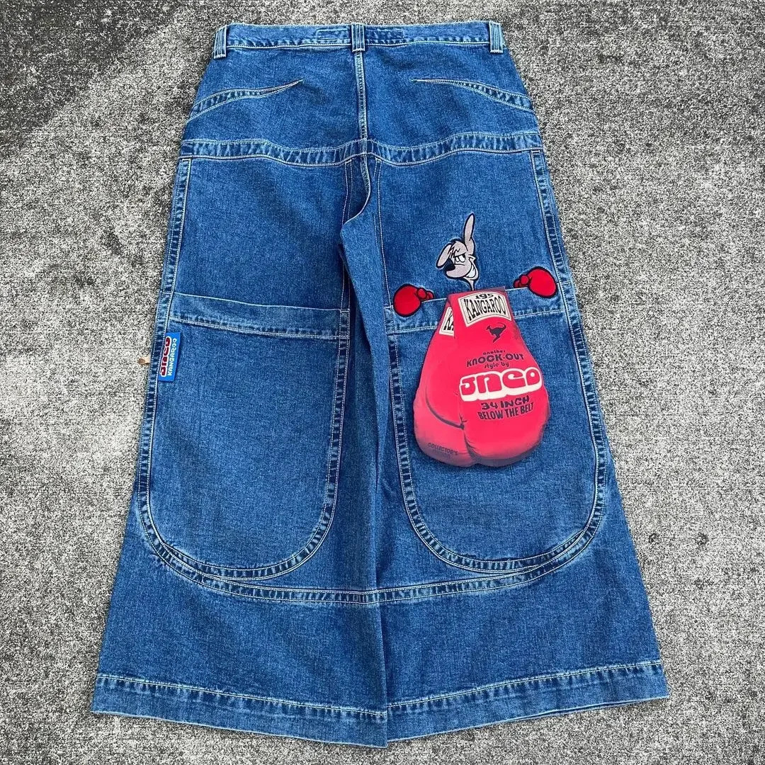 Hip Hop JNCO Jeans Y2k Mens Harajuku Kangaroo Graphic Big Pocket Blue Vintage Baggy Jeans Gothic High Waist Wide Trouser 240429