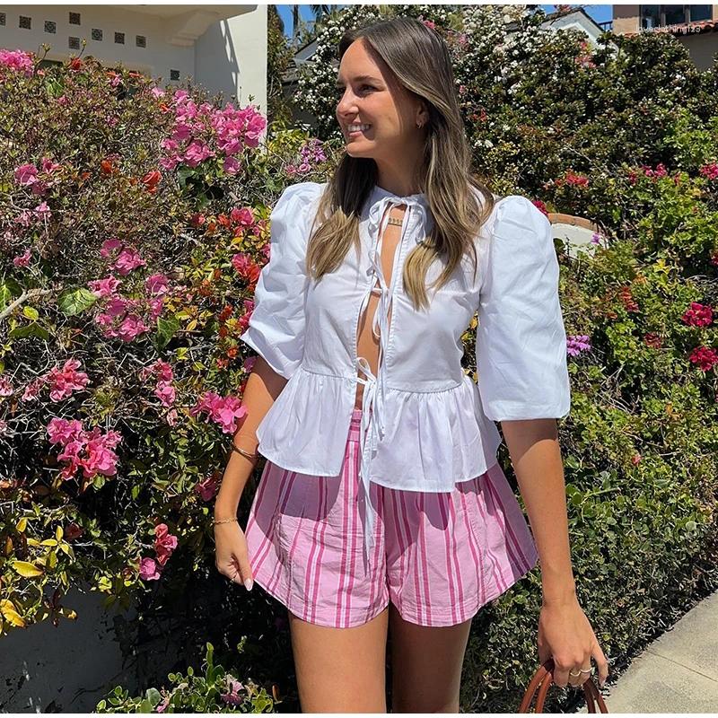 Striped Shorts Suit & Lace Up T-Shirts Set High Waist Wide Leg Pant Summer Holiday Collection