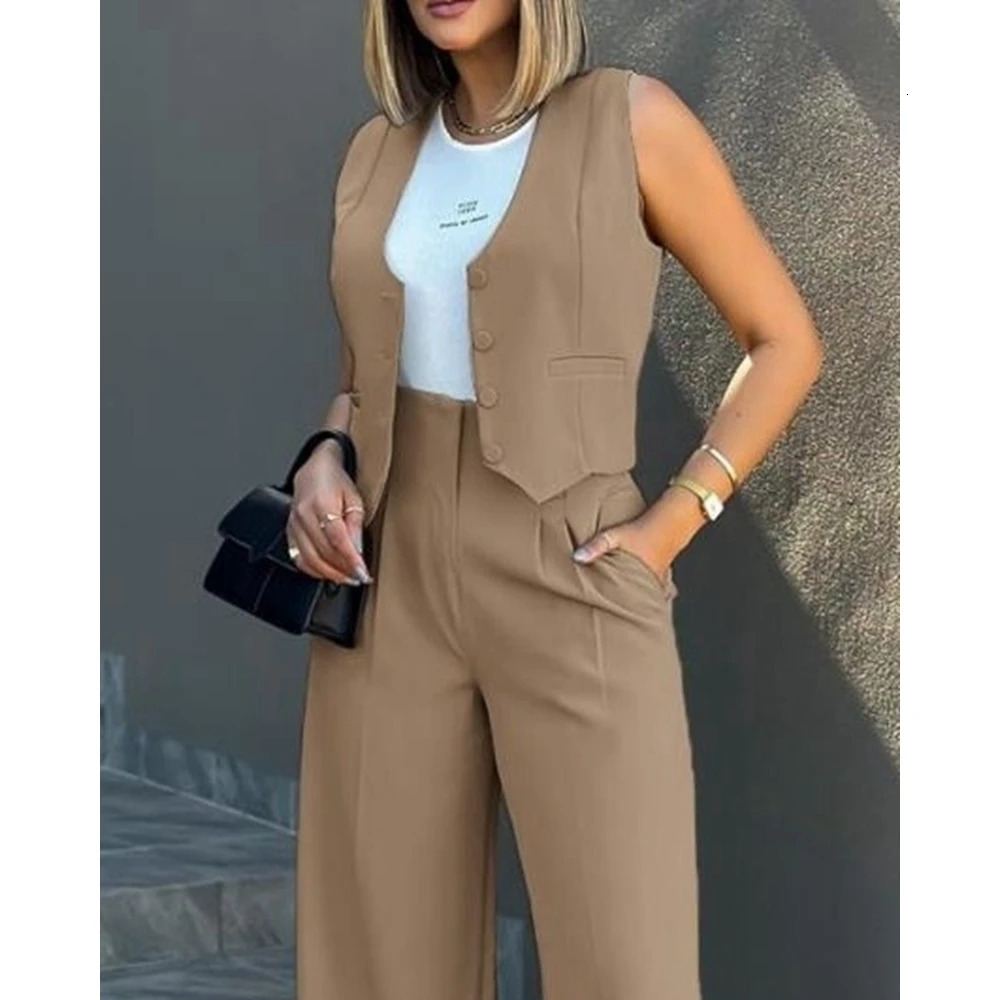 Ensembles Femme Buttoned VNeck Waistcoat Top Wide Leg Pants Sets Business Attire for Women Summer 2 Pieces Set Workwear 240428