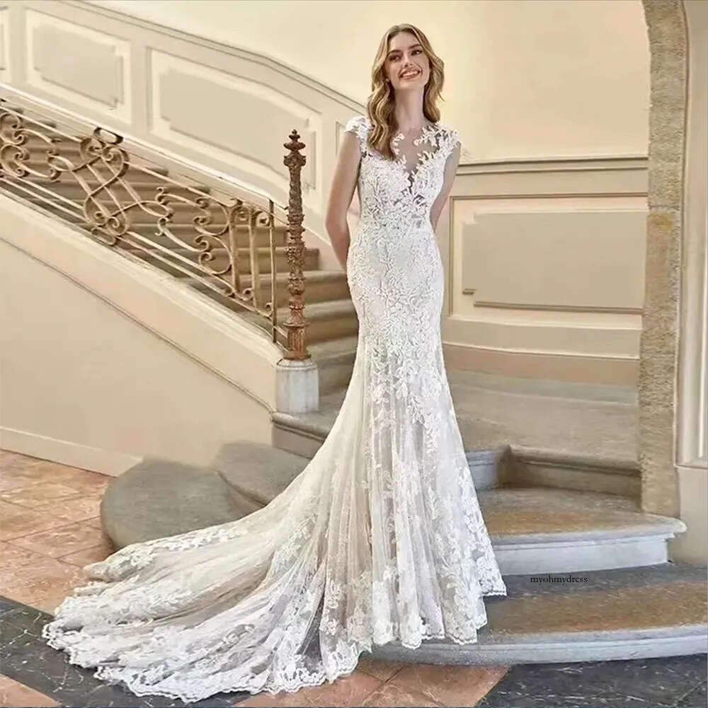 Beach Lace Long Mermaid Dresses Appliqued Sweep Train Plus Size Wedding Dress Gowns vestido de novia Brautkleider Custom Made Bridal Vestido 0509