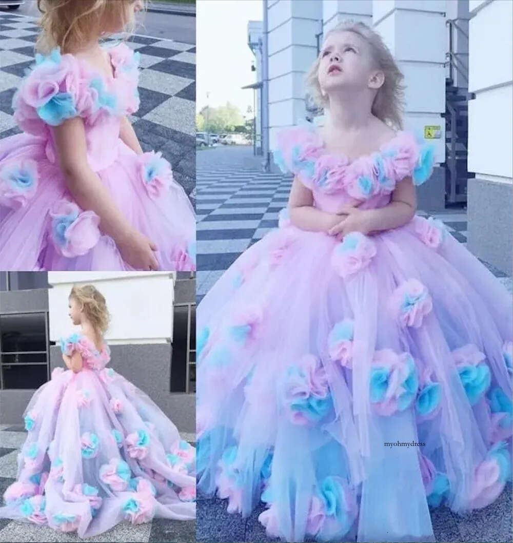 New Colorful 2023 Flower Ball Gown Tulle Little Girl Wedding Vintage Communion Pageant Dresses Gowns 0509