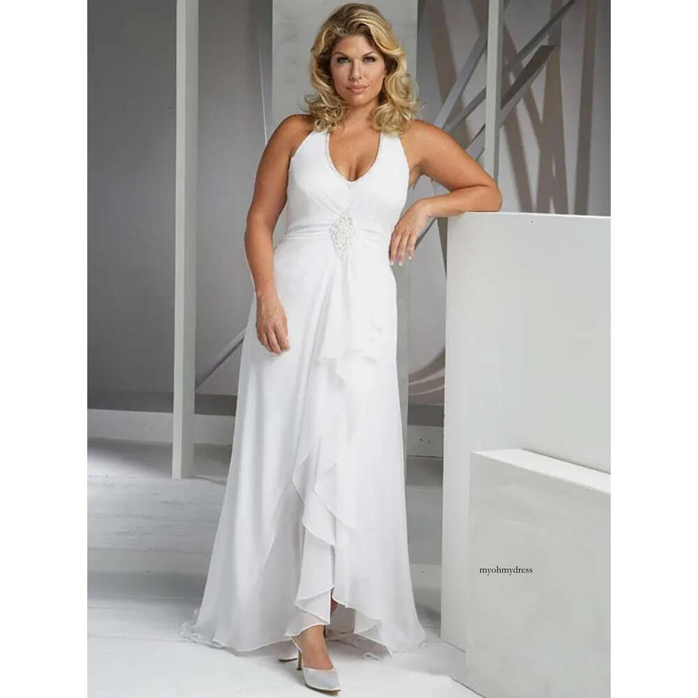 2021 Beach Plus Size Dresses Cheap V Neck Halter Gown Empire Waist Chiffon Wedding Dress Asymmetrical Bridal Gowns Sale 0509
