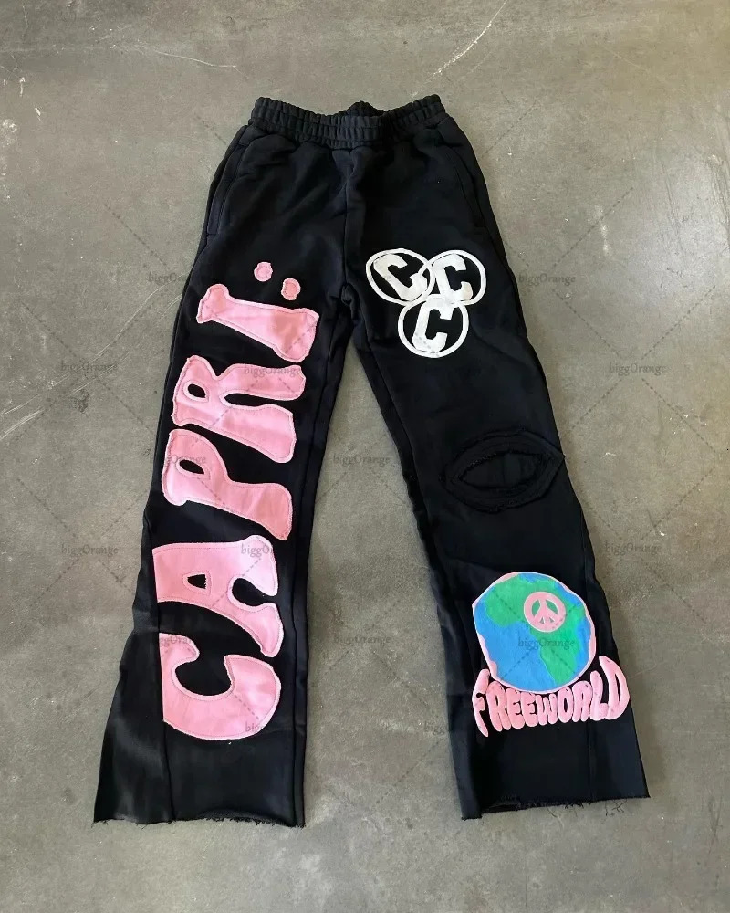 European and American Embroidered Oversized Trousers Men Y2k Trendy Hip-hop Knitted Pants Loose Casual Wide-leg Pants Women 240429