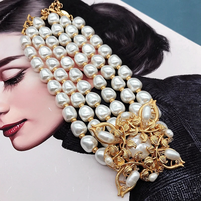 Baroque Pearl Jewelry Necklace Statement Romantic Chokers Three Strands Flower High-Quality Accessories Wedding Party Elegant 240428