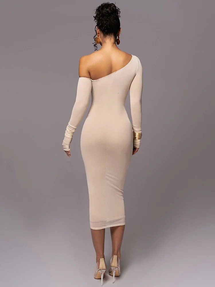 Diagonal Collar Long Sleeve Midi Dress For Women Two Layer Mesh Backless Ruched Bodycon Club Party Sexy 240422