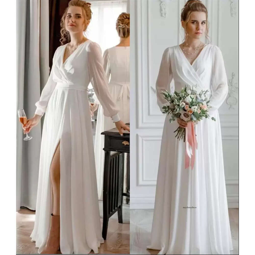 Simple A Line Chiffon Wedding Dress 2022 White Ivory Bridal Gowns V Neck Long Sleeves Floor Length With Sash Lady Summer Beach Marriage Dresses 0509