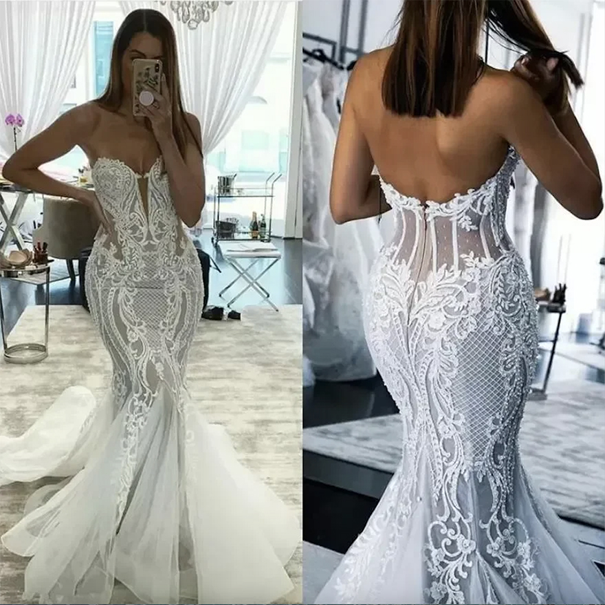 Mermaid Wedding Dresses Lace Applique Sweep Train Sweetheart Neckline Bridal Gowns Corset Back Vestidos De Novia Plus Size Beach