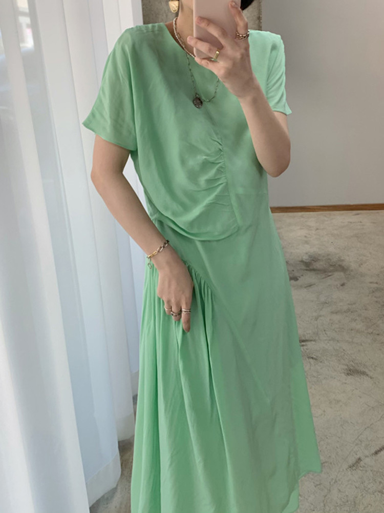 Summer Fashion Temperament Elegant Simple O-neck Pleated Loose Irregular Solid Color Short sleeved Robe Dress Women 16F1200 210423
