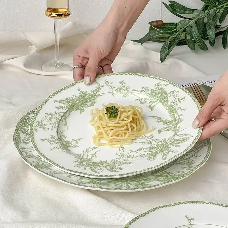 Dishes Plates European Style Jade Green Lily of The Valley Series High-end Exquisite Bone China Western Dining Plate Dessert Plate Tableware 240508 H2