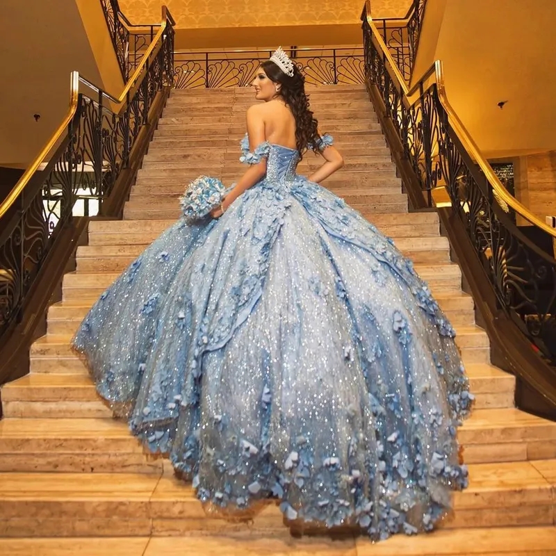 Sky Blue Quinceanera Prom Dresses 3D Flowers Sequin Sweet 15 Party Gowns Sparking Bead Ball Gown Junior Girls Pageant Dress