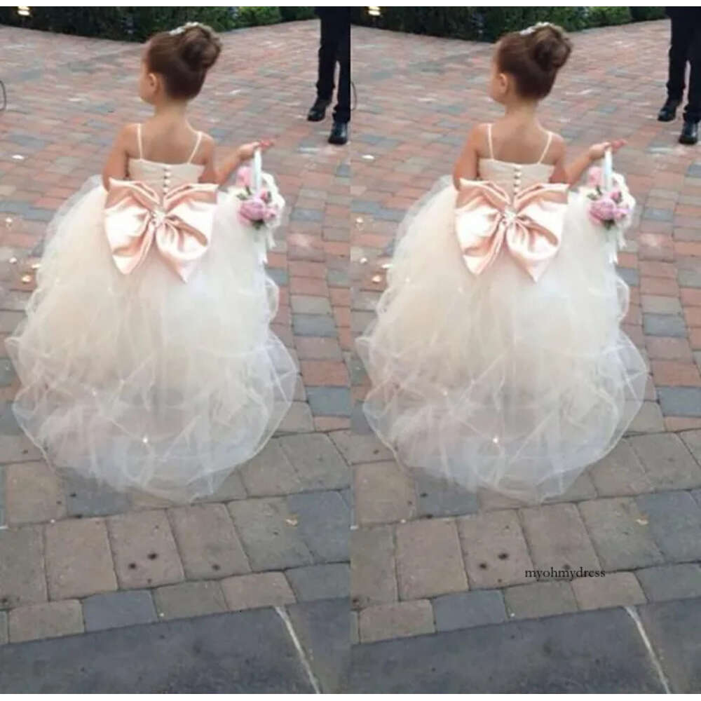 Pageant For Girls Spaghetti Rhinestone Flower Girl Dresses Big Bow Kids Ball Gowns Wedding Dress Sash Tulle Beading Belt 0509