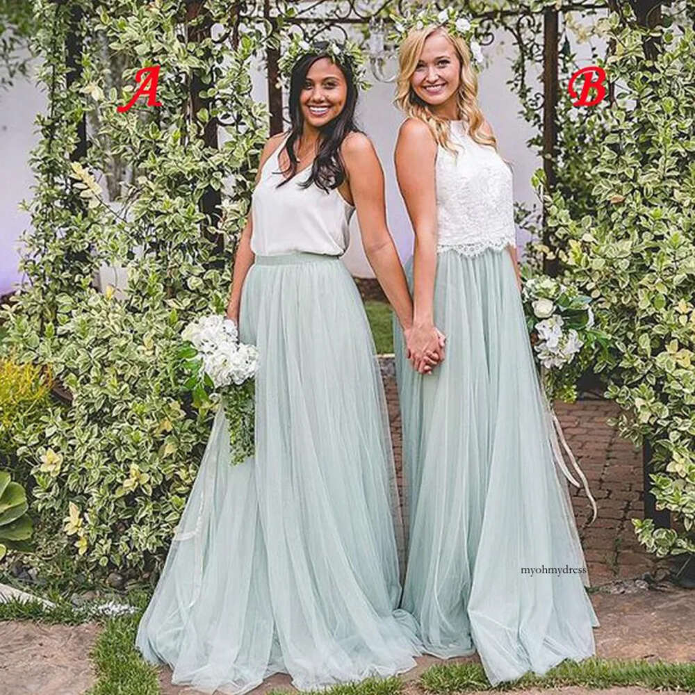 2021 Bohemian Country Bridesmaid Cheap White Top Mint Sage Tulle Skirt Two Pieces Maid Of Honor Dresses Gowns for Wedding Guest 0509