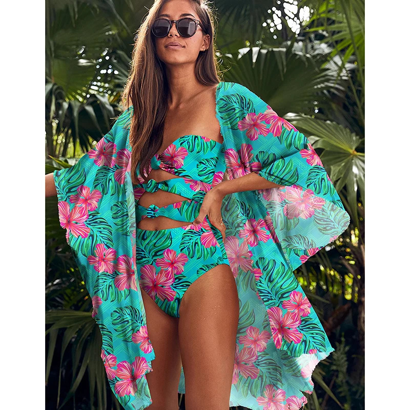 Bandage One Piece Swimsuit Women Swimwear Printed Monokini Floral Backless Bathing Suit Summer Beachwear Bikinis Cover Up 240509