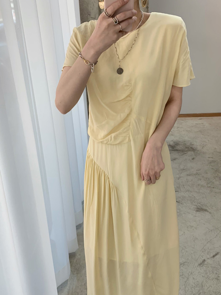 Summer Fashion Temperament Elegant Simple O-neck Pleated Loose Irregular Solid Color Short sleeved Robe Dress Women 16F1200 210423