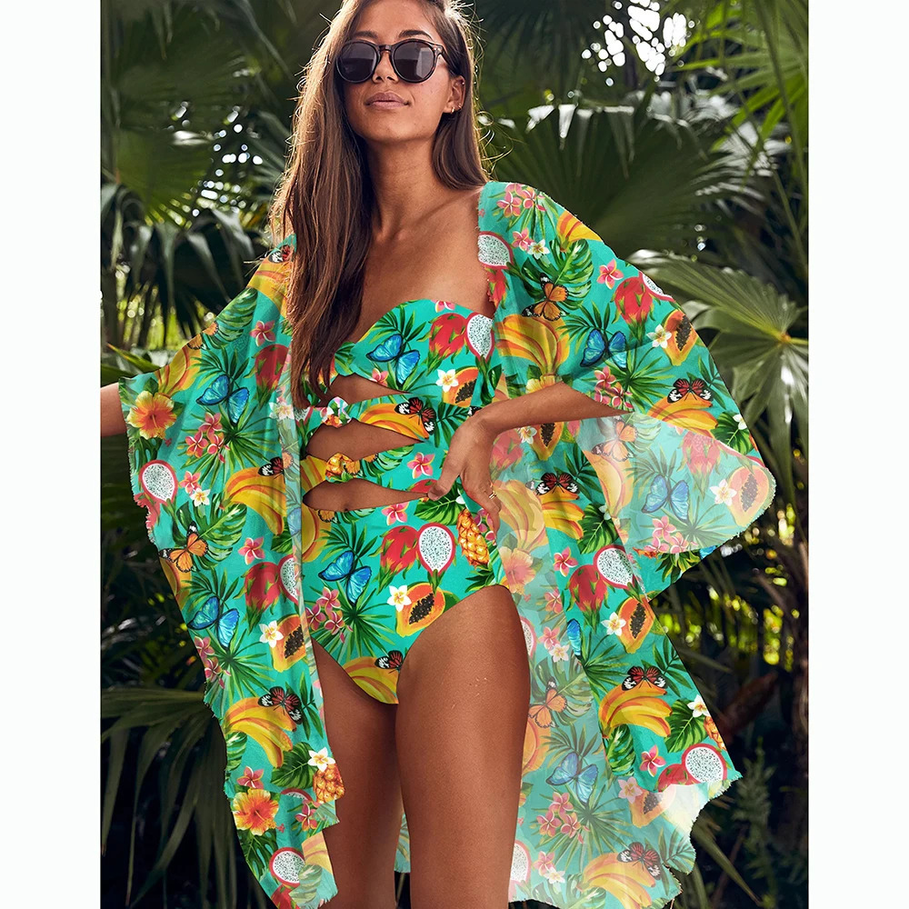 Bandage One Piece Swimsuit Women Swimwear Printed Monokini Floral Backless Bathing Suit Summer Beachwear Bikinis Cover Up 240509