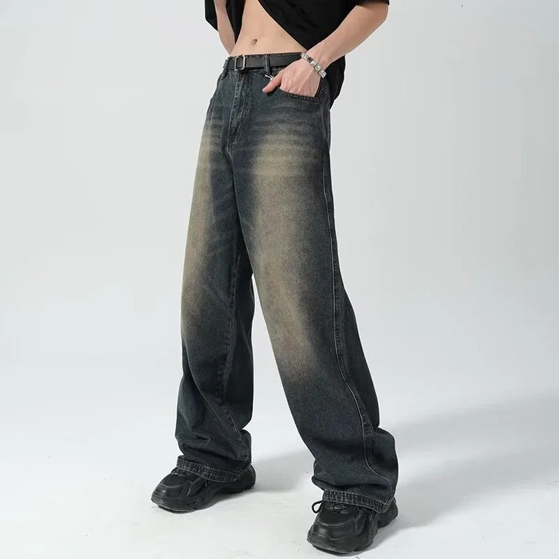 American Retro distressed jeans mens high street straight loose washed wide-leg denim trousers male streetwear 240429