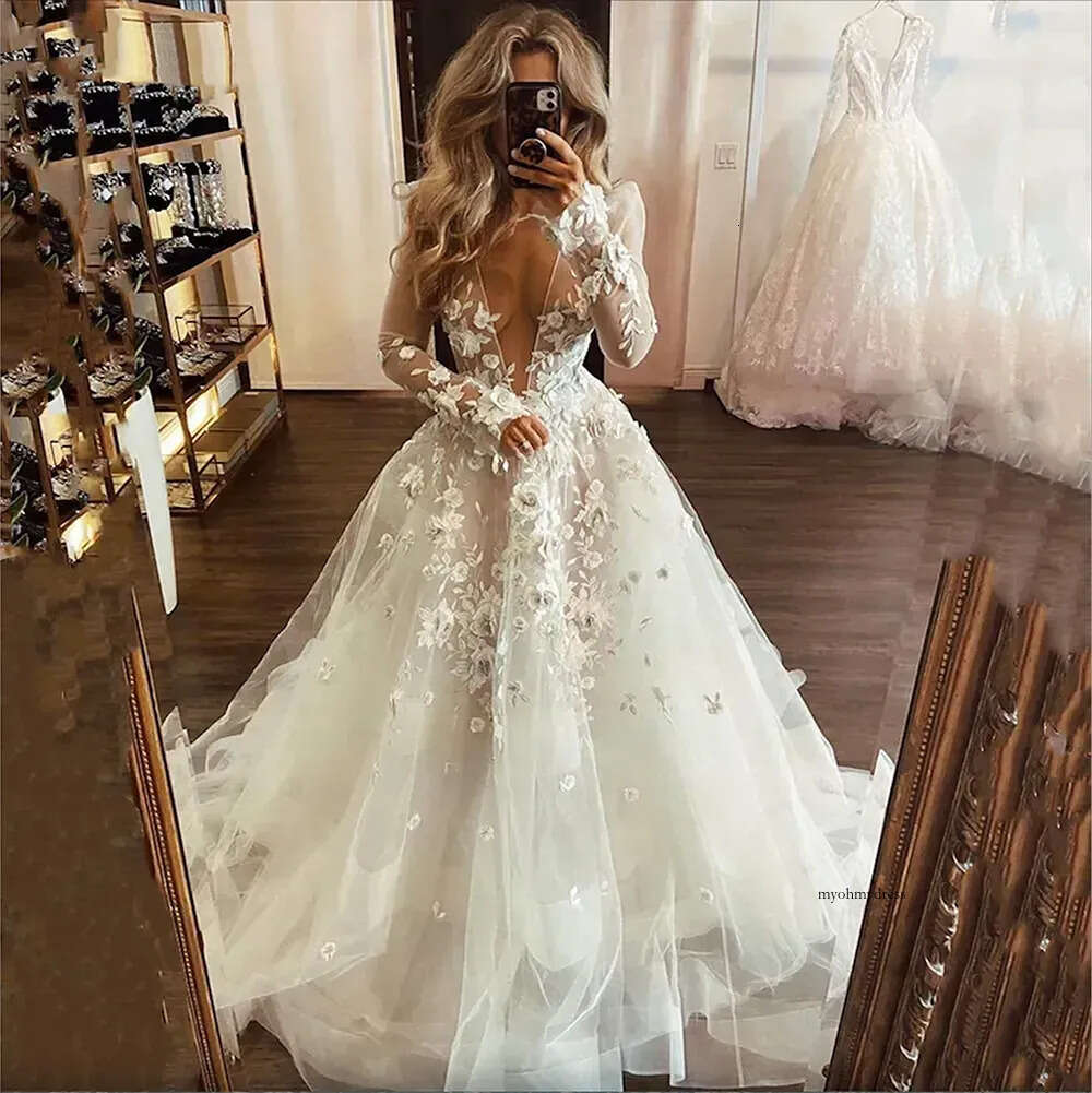 2023 Boho Dresses Long Sleeves 3D Floral Lace Applique Plunging V Neck A Line Beach Wedding Gown Plus Size vestido de novia 0509