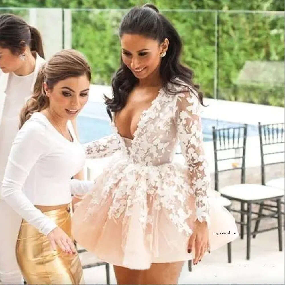 2023 Sexy Deep V-Neck Mini Short With Illusion Long Sleeve Lace Appliques Wedding Gown Bride Dress Vestido De Novia 0509