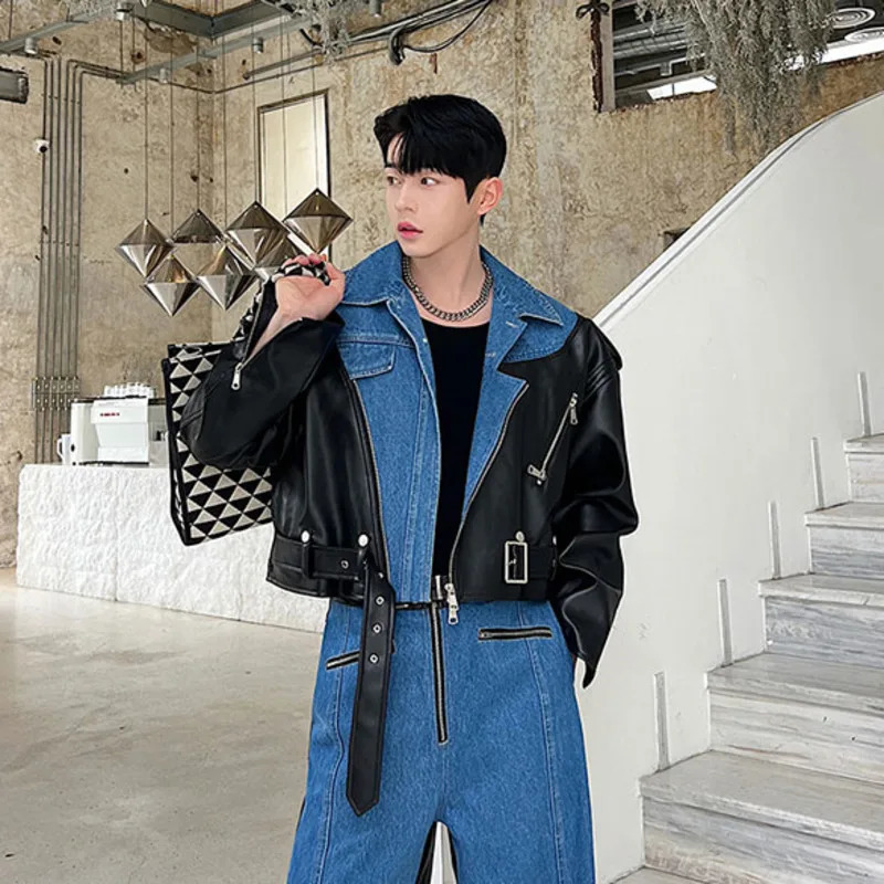 NOYMEI Irregular Washed Denim Patchwork Lapel Short Jacket Wide Leg Pants Mens Twp Pieces Set Autumn Male Suits WA3009 240429