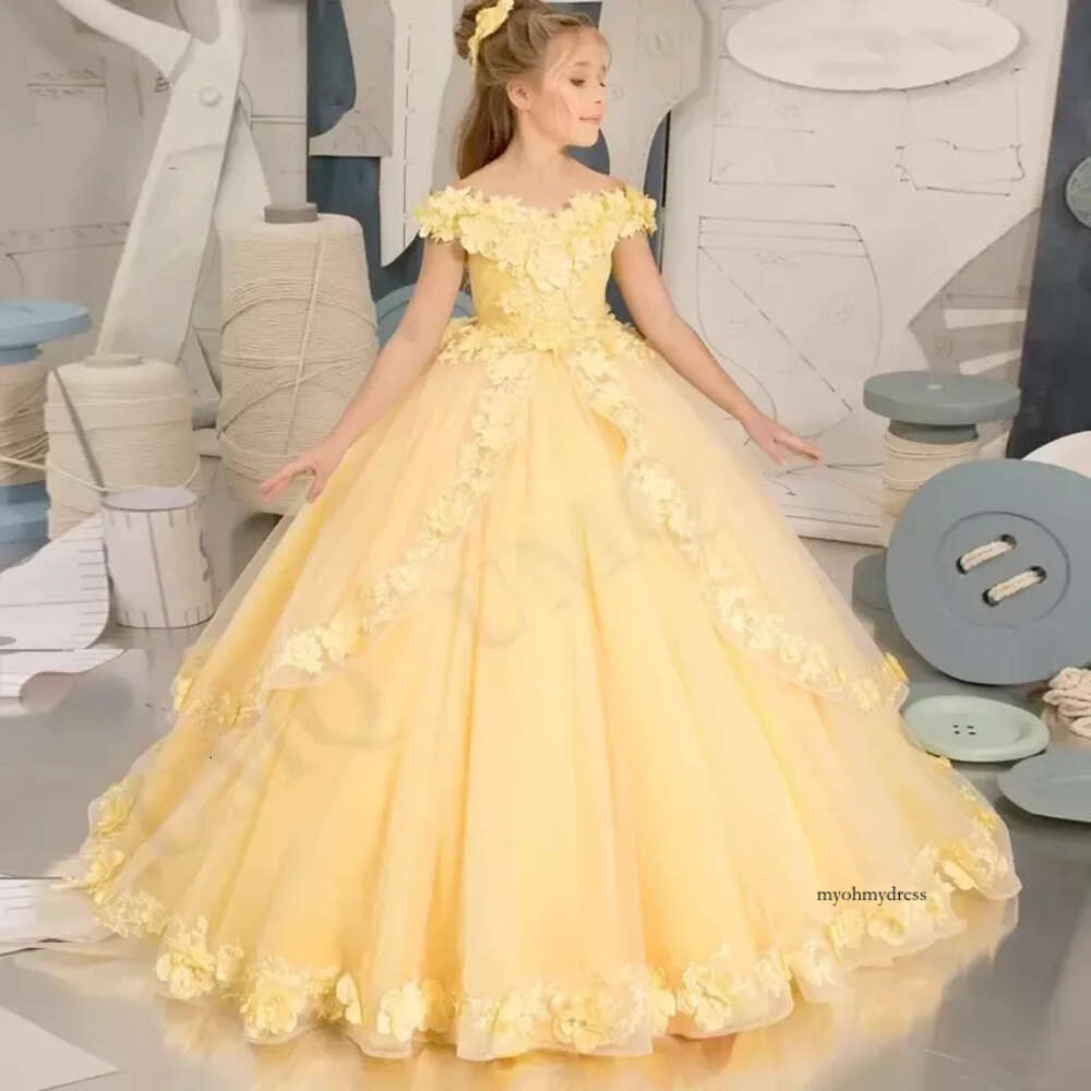 New Yellow Off Shoulder Flower Girl Dress Pleat Birthday Wedding Party Dresses Costumes First Communion Quality High Drop 0509