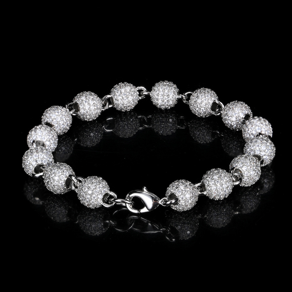 8mm Hip Hop Round Beads Ball Chain Bracelets 5A Zircon Gold Plated Women Mens Jewelry