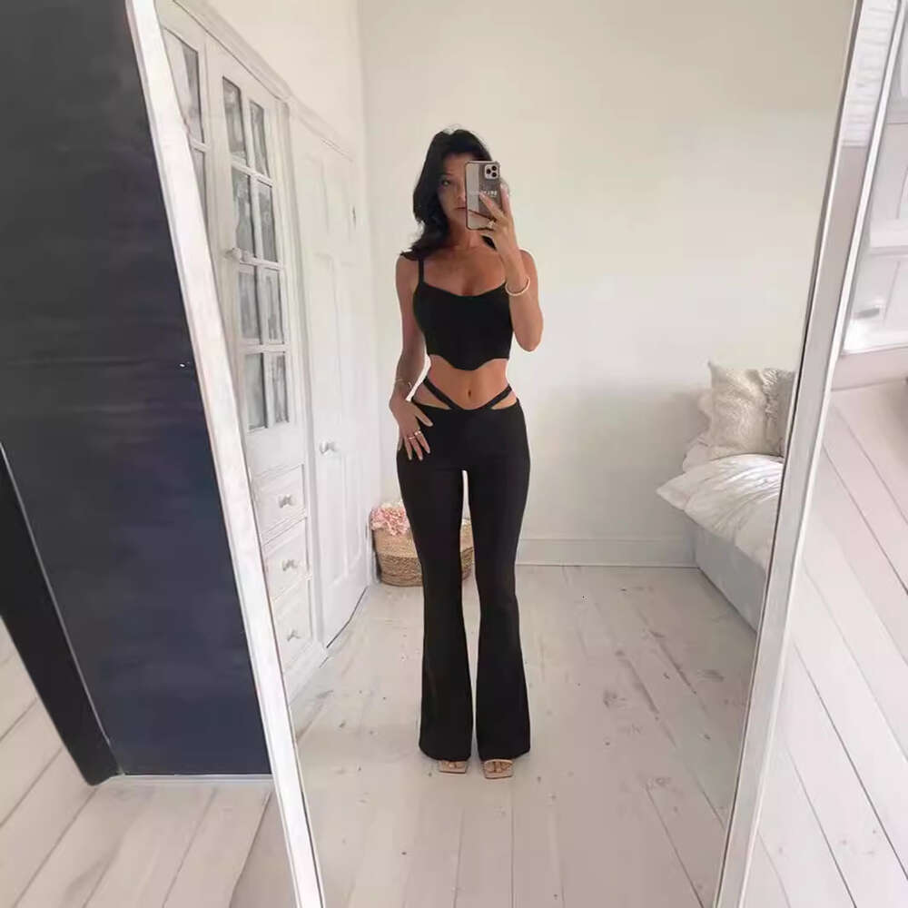 2024 Women's sexy camisole vest top low waisted micro flare long pants spicy girl style two-piece set for women f5936